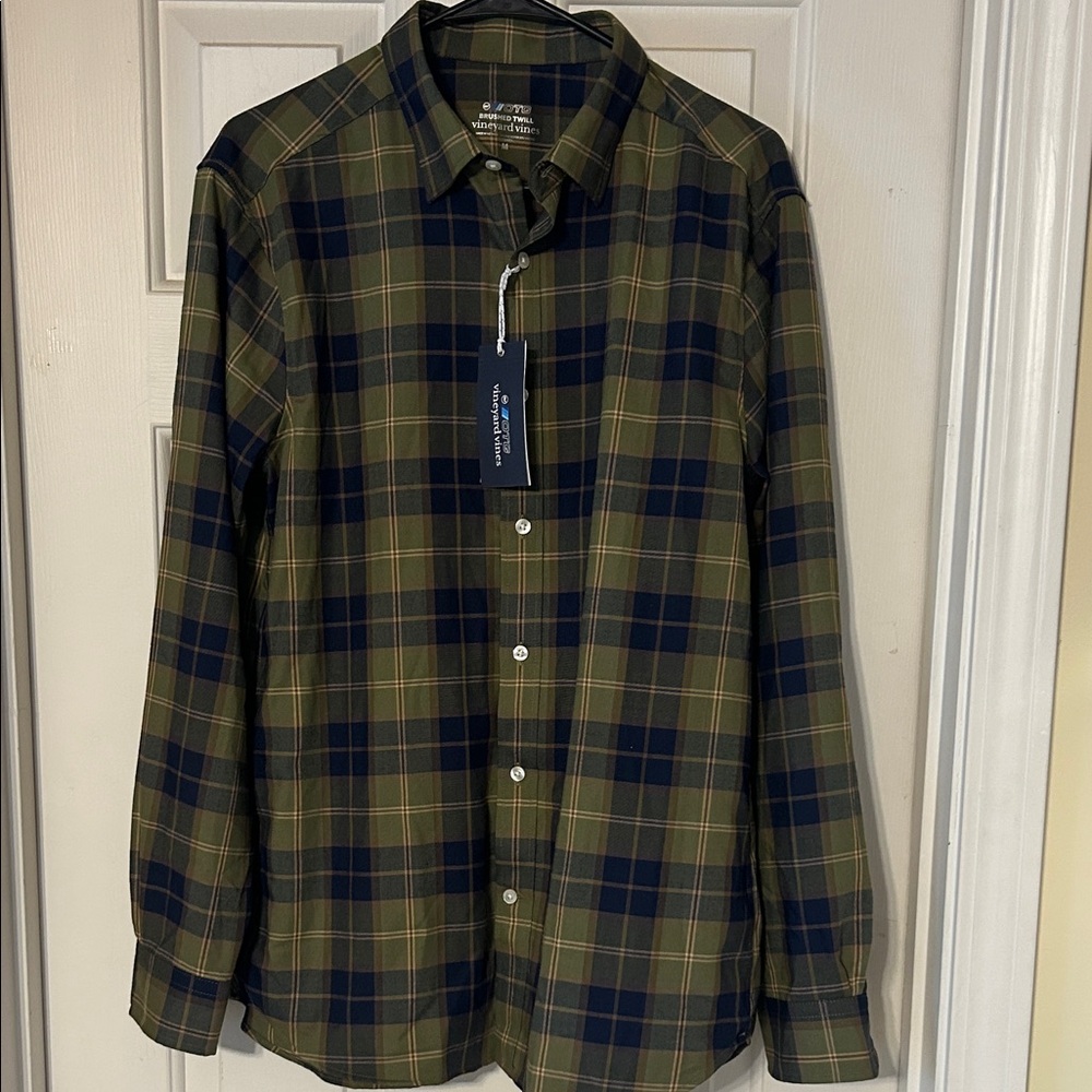 Vineyard Vines Men's Camp Olive Plaid OTG Brushed Twill Button Down Shirt